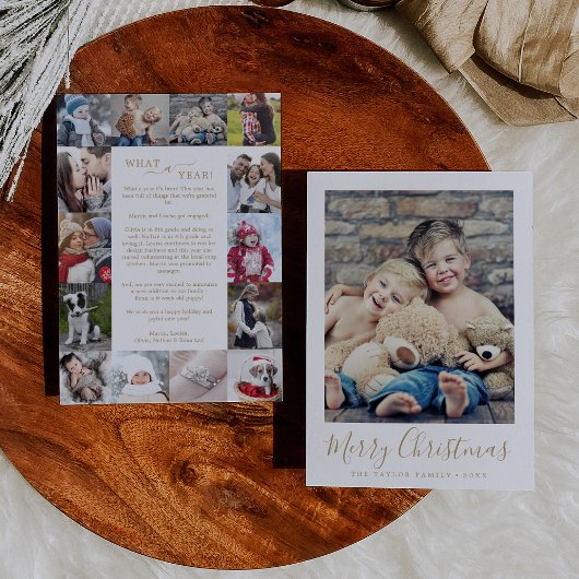 ミニマル金ゴールドWhat A Year Photo Collageクリスマス シーズンカード