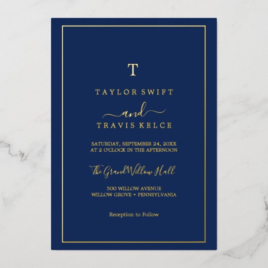 ミニマル金箔 |ネイビーブルーモノグラム結婚ズ 箔招待状 (正面)