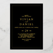 ミニマル金箔 |黒カジュアル結婚の 箔招待状 (正面)