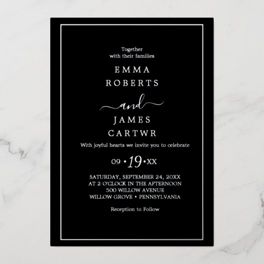 ミニマル金箔 |黒カジュアル結婚の 箔招待状 (正面)