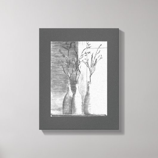 ミニマル鉛筆スケッチ白黒花 キャンバスプリント (正面)