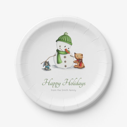 ミニマル雪だるまクマとドッグクリスマスファミリー ペーパープレート (正面)