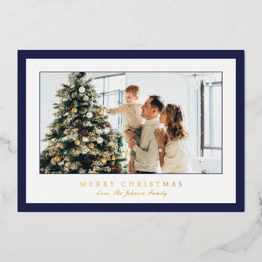 ミニマル青縁ど写真エレガントクリスマス 箔シーズンカード (正面)