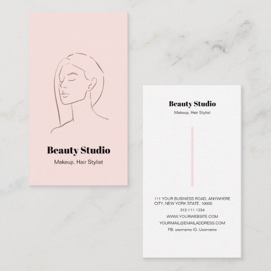ミニマル顔ロゴヘア美しいメイクアップピンク 名刺 (正面/裏面)
