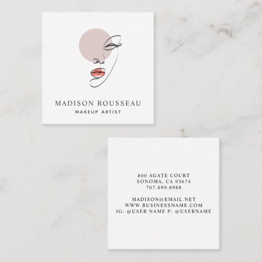 ミニマル顔ロゴモノグラムのメイクアップアーティスト スクエア名刺 (正面/裏面)