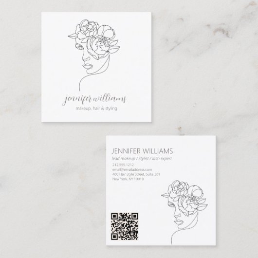 ミニマル顔美しいロゴメイクアップアーティストQR スクエア名刺 (正面/裏面)