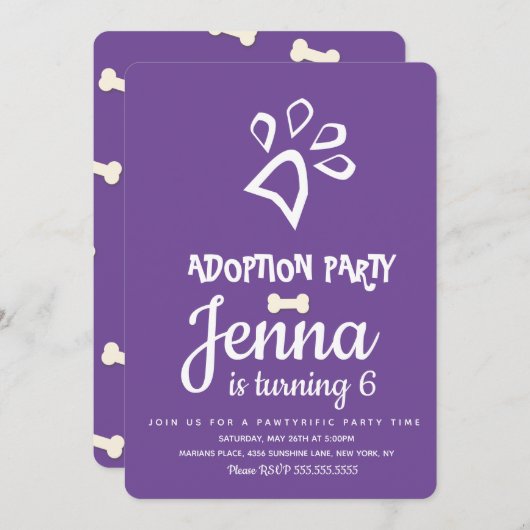 ミニマル養子縁組ペットドッグ誕生日パーティー紫 招待状 (正面/裏面)