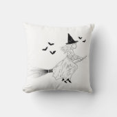 ミニマル魔女とこうもりハロウィーンの黒いラインアート クッション (正面)