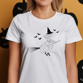 ミニマル魔女とこうもりブラックラインアートハロウィーン Tシャツ