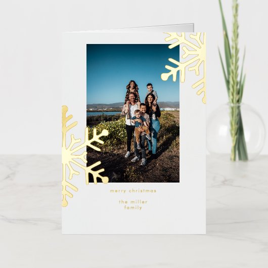 ミニマル黄金の雪片メリークリスマスフォト 箔シーズンカード (正面)