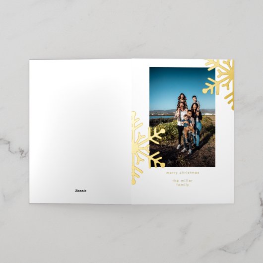 ミニマル黄金の雪片メリークリスマスフォト 箔シーズンカード (外側レイダウン)