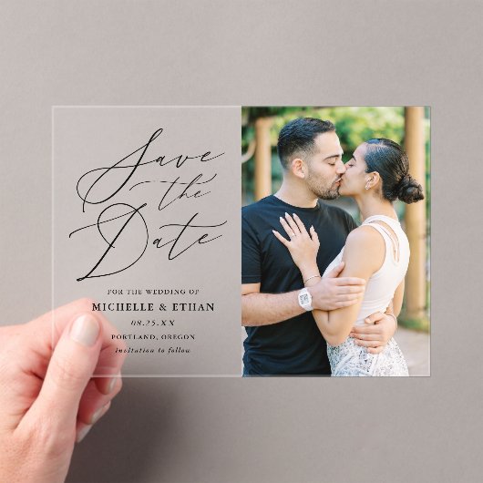 ミニマル黒書道結婚式の日付を保存 アクリル招待状 (インサイチュ (ポータブル))