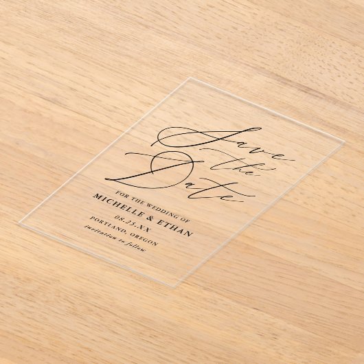 ミニマル黒書道結婚式の日付を保存 アクリル招待状 (レイダウン)