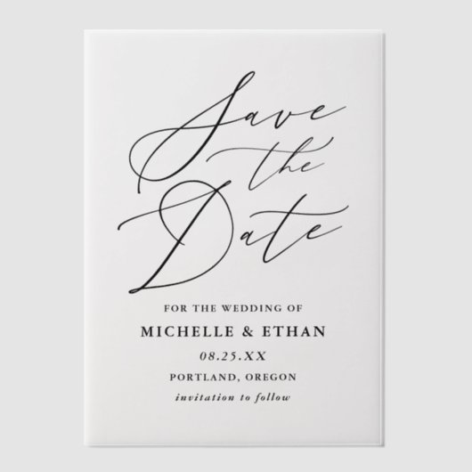 ミニマル黒書道結婚式の日付を保存 ベラム紙招待状 (正面)