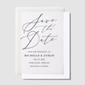 ミニマル黒書道結婚式の日付を保存 ベラム紙招待状 (オフセット)