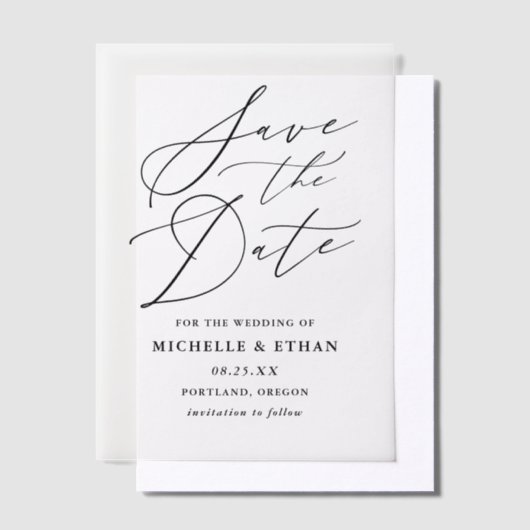 ミニマル黒書道結婚式の日付を保存 ベラム紙招待状 (オフセット)