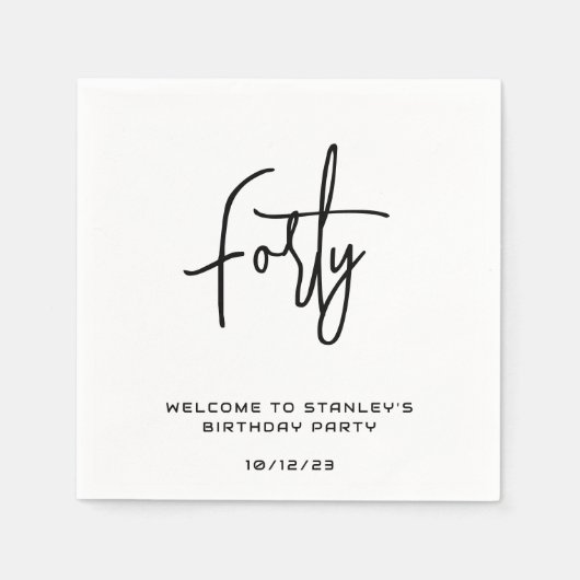 ミニマル黒白40歳の誕生日パーティー スタンダードカクテルナプキン (正面)