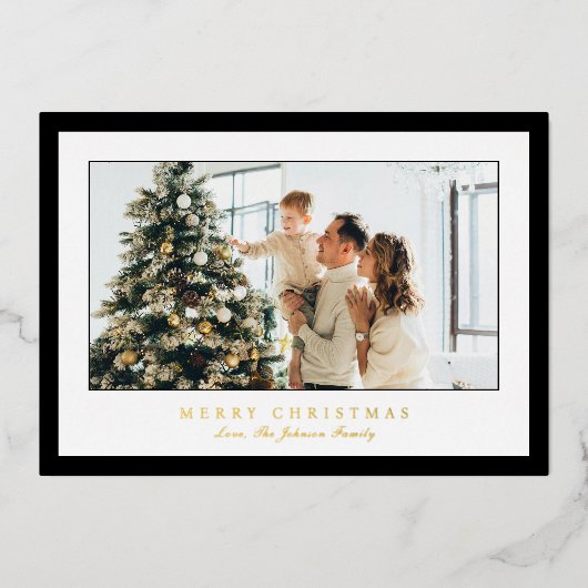 ミニマル黒縁ど写真のエレガントクリスマス 箔シーズンカード (正面)