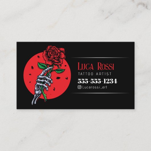 ミニマル黒赤ローズタトゥーアーティストショップ 名刺 (正面)
