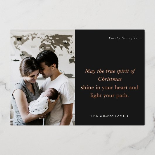 ミニマル1フォトブラック&ホワイトのクリスマススピリット 箔シーズンカード (正面)