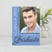 ミニマル1枚モダンほこりっぽい青の卒業式パーティー 招待状 (スタンド正面)