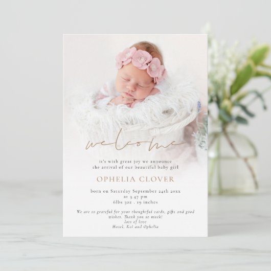 ミニマル2フォトオーバーレイウェルカム誕生 案内状 (スタンド正面)