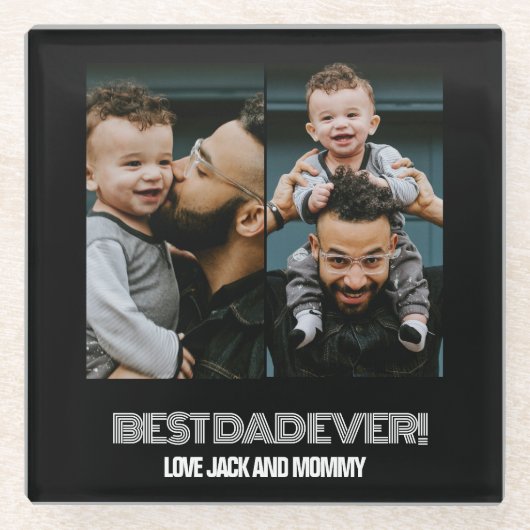 ミニマル2枚フォトコラージュ最高のパパEver ガラスコースター (正面)