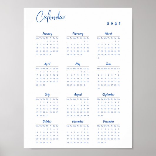 ミニマル2025ウォールカレンダー青月曜日 – 日曜日 ポスター (正面)
