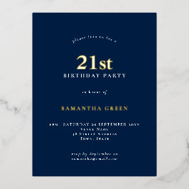 ミニマル21歳の誕生日パーティーネイビーブルーグラム 箔招待状ポストカード