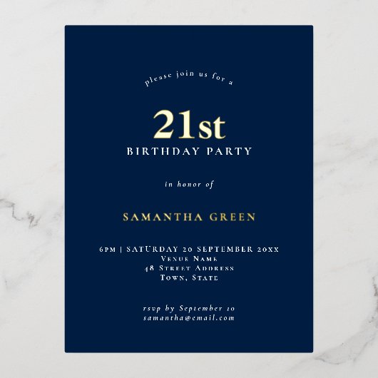 ミニマル21歳の誕生日パーティーネイビーブルーグラム 箔招待状ポストカード (正面)