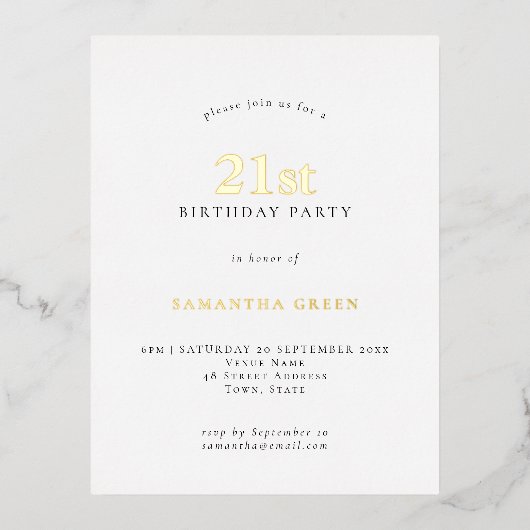 ミニマル21歳の誕生日パーティーホワイトグラー実在ム 箔招待状ポストカード (正面)
