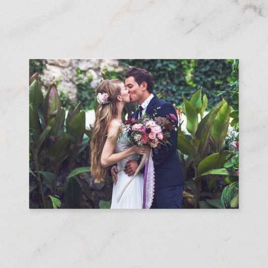 ミニマル2 QRウェディングRSVP詳細フォトパープル エンクロージャーカード (裏面)