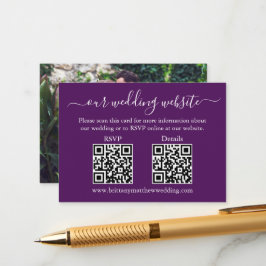 ミニマル2 QRウェディングRSVP詳細フォトパープル エンクロージャーカード