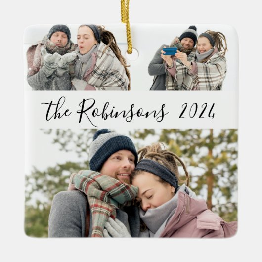 ミニマル3カップル写真コラージクリスマス セラミックオーナメント (正面)