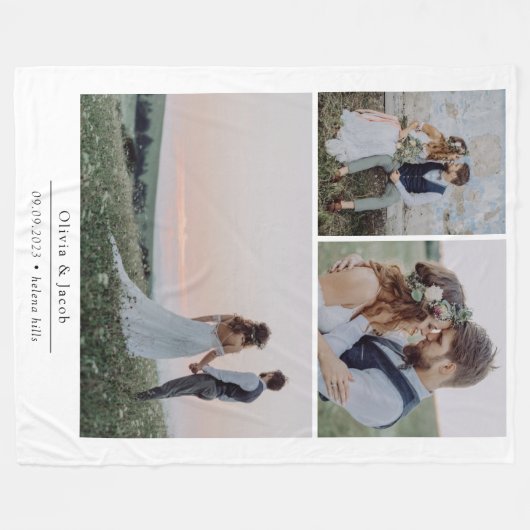 ミニマル3写真結婚の写真記念 フリースブランケット (正面(横))