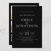 ミニマル3枚の写真QRコード白の黒結婚色 招待状 (正面/裏面)