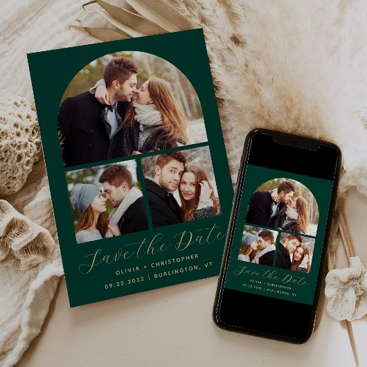 ミニマル3枚写真コラージュアーチ エメラルドグリーン ゴールド セーブザデート