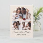 ミニマル3枚写真コラージュアーチQRコードベージュ セーブザデート (スタンド正面)