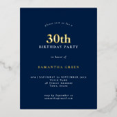 ミニマル30th誕生日パーティーネイビーブルーグラム 箔招待状ポストカード (正面)