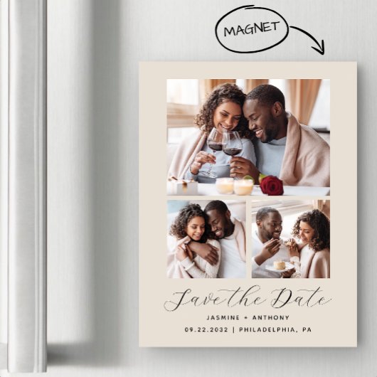 ミニマル3-Photo Collage Beige日付を保存 マグネット招待状