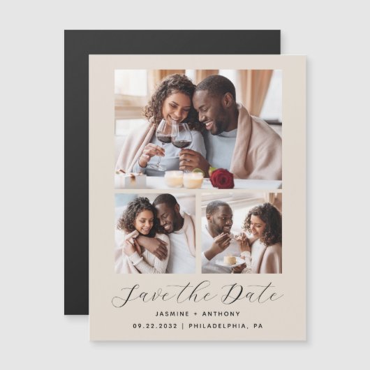 ミニマル3-Photo Collage Beige日付を保存 マグネット招待状 (正面/裏面)