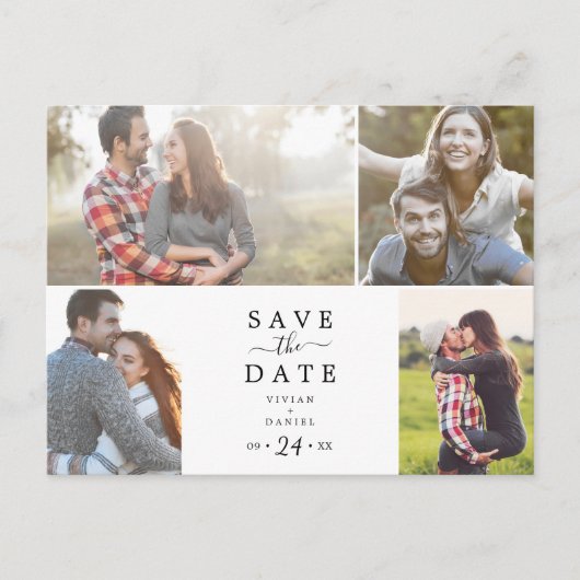 ミニマル4写真テンプレート日付の保存 インビテーションポストカード (正面)