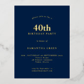 ミニマル40th誕生日パーティーネイビーブルーグラムフォイル 箔招待状ポストカード (正面)