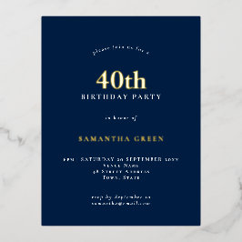 ミニマル40th誕生日パーティーネイビーブルーグラムフォイル 箔招待状ポストカード