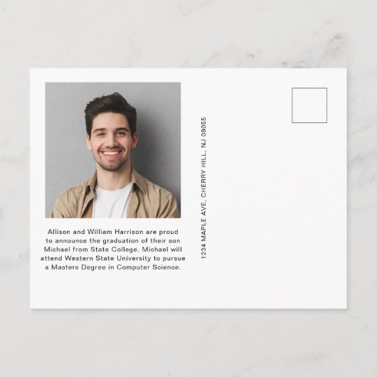 ミニマル5モダン枚フォトコラージュ青い卒業 案内ポストカード (裏面)