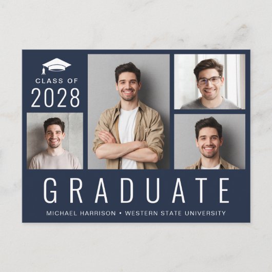 ミニマル5モダン枚フォトコラージュ青い卒業 案内ポストカード (正面)
