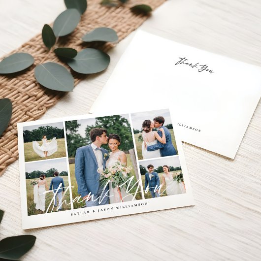 ミニマル5枚写真コラージュ ホワイト ブラッシュ スクリプト 結婚式のお礼 招待状