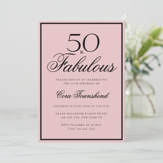 ミニマル50 & ファビュラス ダスティピンク 50歳の誕生日 招待状 (スタンド正面)
