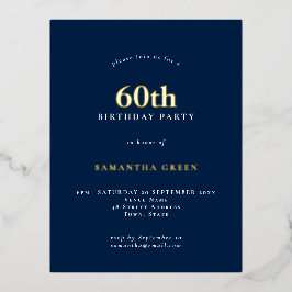 ミニマル60th誕生日パーティー海軍ブルーグラム 箔招待状ポストカード