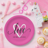 ミニマル エレガント ハート on ホットピンク ペーパープレート (パーティー)